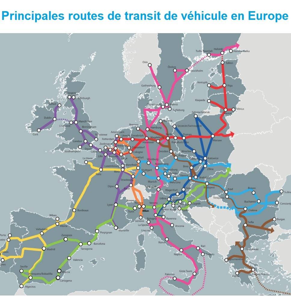 Carte européenne des principales routes de transit en Europe pour assurance transit France et Europe